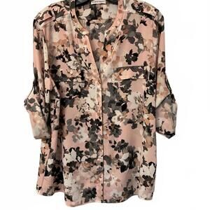 Calvin Klein Floral Roll Tab Sleeve Blouse